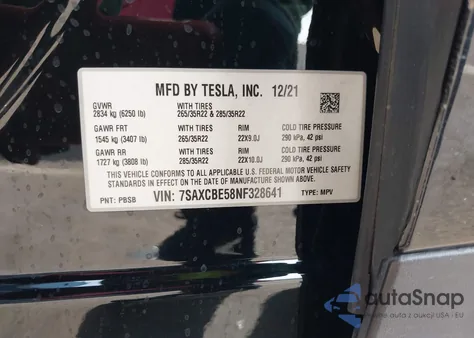 2022 Tesla Model X Dual Motor All-Wheel Drive z USA, uszkodzony, nr VIN 7SAXCBE58NF328641